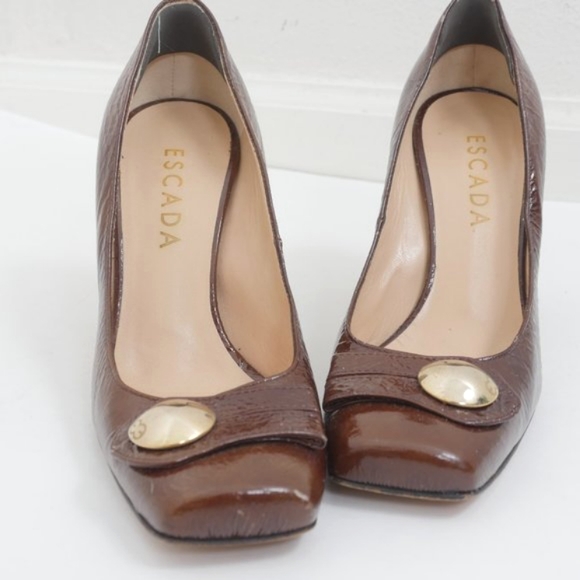Escada Shoes - Escada Brown Patent Leather Gold Toe Detail 4" Heel Vintage Size 37 Work Shoes